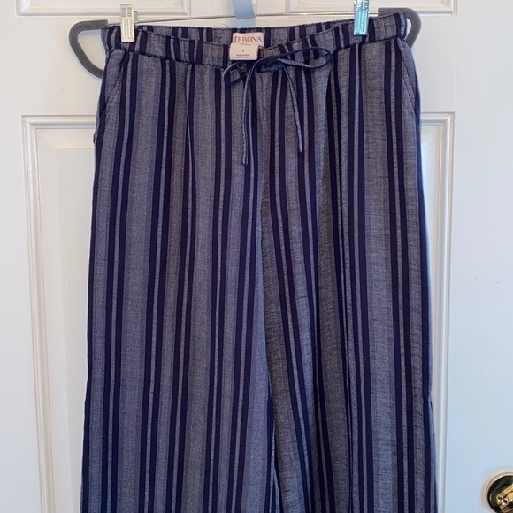 Blue Linen Wide Leg Striped High Rise Drawstring Pockets Bohemian Pants Summer - Picture 7 of 14